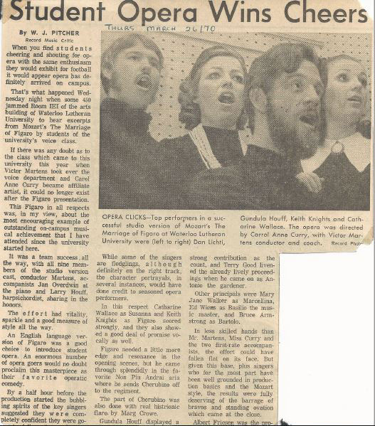 A newspaper article with the headline Student Opera Wins Cheers and a photo of four young people singing.